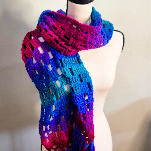 Hand Knitted Vibrant Rainbow Fringed Scarf - Picture 2 of 4